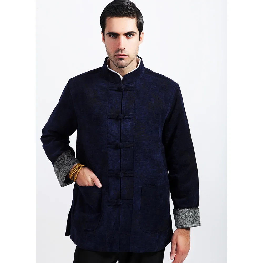 Мужской вельветовый жакет Синий Плотный ручной работы в китайском стиле с