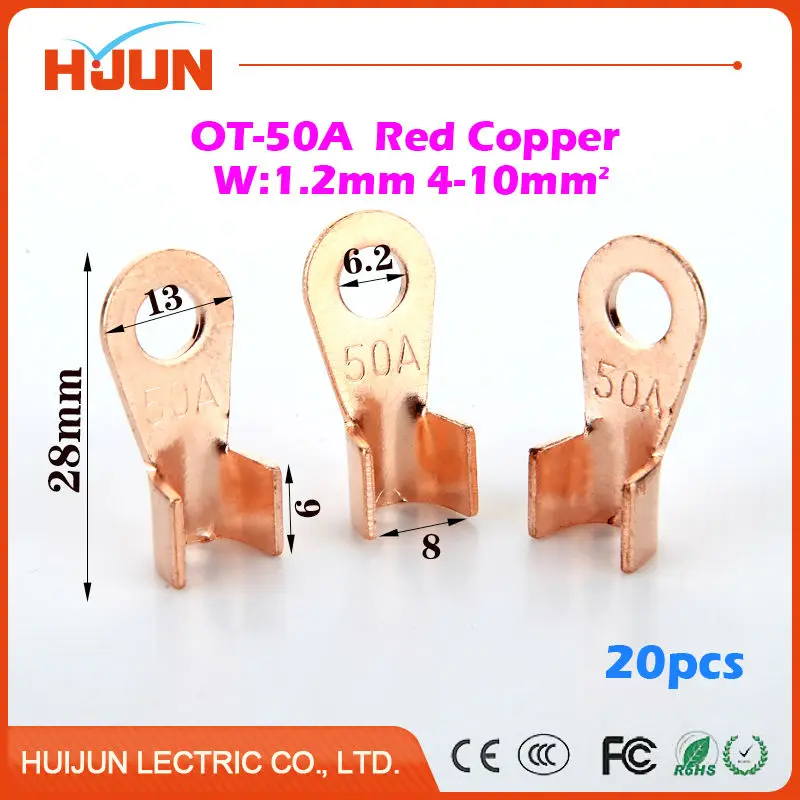 

20pcs/lot OT-50A 6.2mm Dia Red Copper Circular Splice Crimp Terminal Wire Naked Connector for 4-10 Square Cable