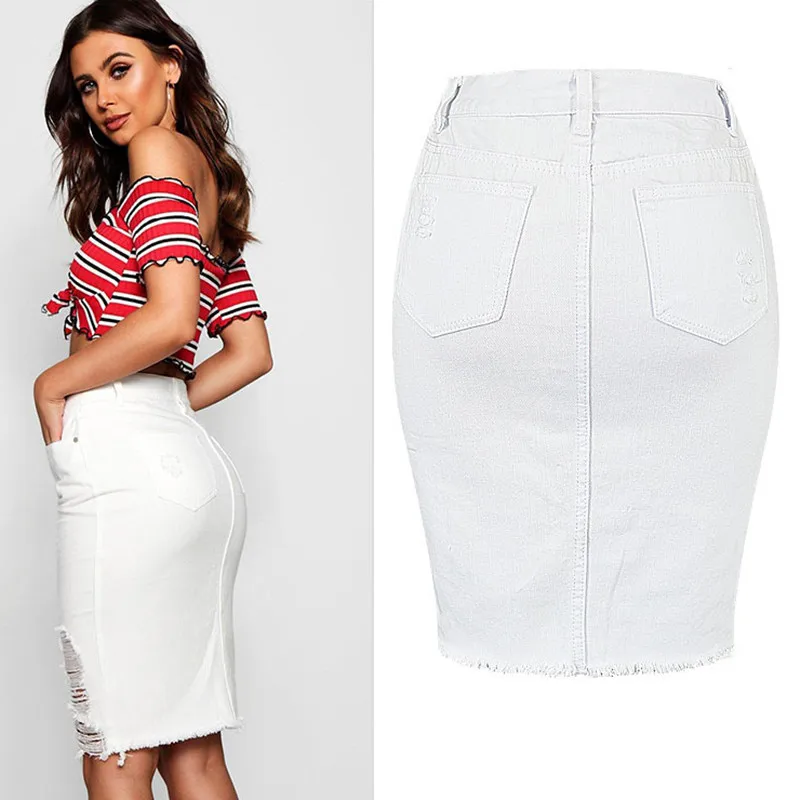 2018 women clothing high waist hole split solid washed denim pencil skirt Female street fashion slim jean skirts TOP321# | Женская