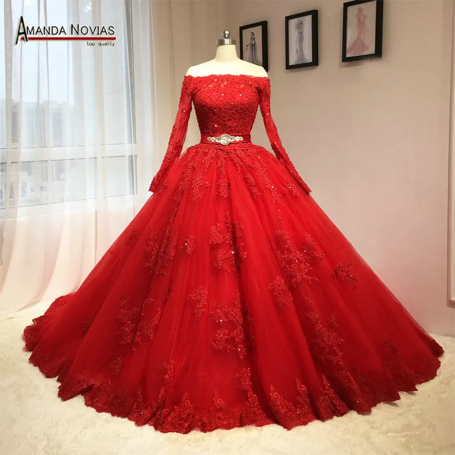 Красное свадебное платье с длинным рукавом и открытыми плечами|vestido de noiva princesa|noiva
