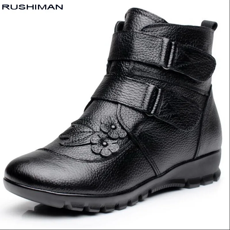 Женские зимние ботильоны из натуральной кожи RUSHIMAN черные теплые короткие