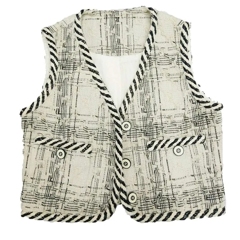 

Summer New Brand Womens Sleeveless Blends Tweed Waistcoats Single Breasted V-Neck Pockets Ladies Fashion Short Vests Streetwear