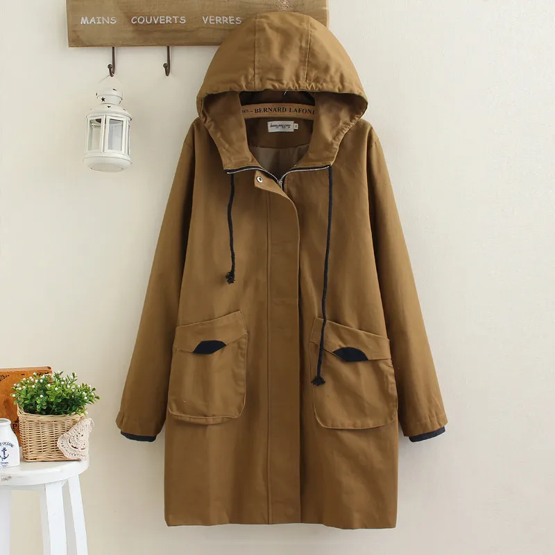 

2019 Spring Autumn Trench Coat Large Size Long Sleeve Causal Hooded Windbreaker Female Long Khaki Outerwear Casaco Feminino R590