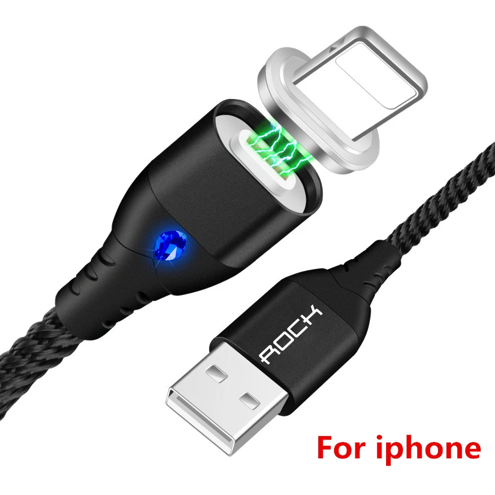 Black For iPhone Магнитный usb-кабель ROCK 5A для быстрой зарядки, кабель USB type C, кабель для микроосвещения для iPhone, samsung, Xiaomi, универсальный usb-шнур - Цвет: Black For iPhone