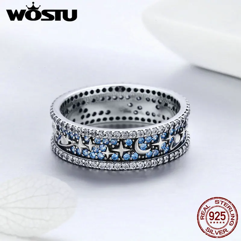 WOSTU, высокое качество, настоящее 925 пробы, серебряные, сверкающие, звездное небо, кольца на палец для женщин, серебряные ювелирные изделия, вечерние, свадебный подарок, FIR347