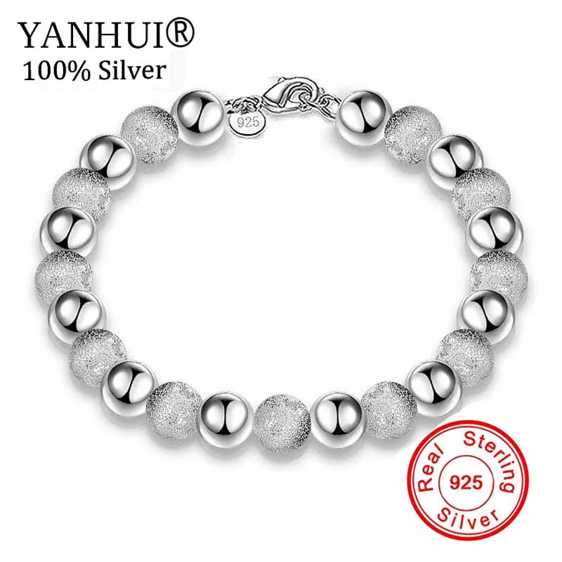 Silver YANHUI Модные украшения оригинальное 925 пробы серебряный шарм браслеты, свадебные украшения матовый браслет из бисера для Для женщин SPSL048 - Окраска металла: Silver