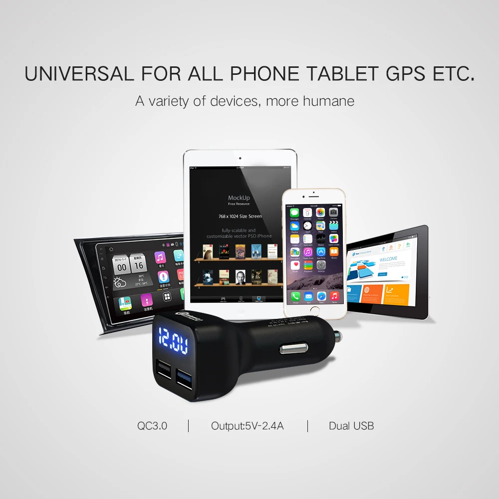 Автомобильное зарядное устройство 2 в 1 с USB портом и дисплеем QC3.0 автомобильное