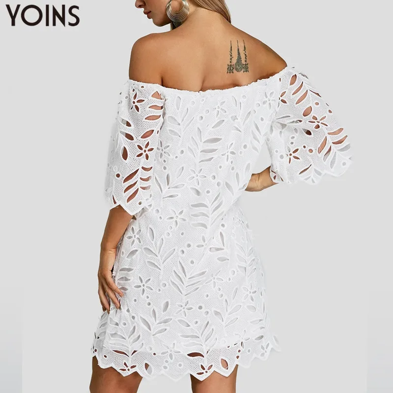 YOINS Vestidos цветочный кружево крючком с открытыми плечами пикантные летние для женщин Дамы Полые Половина рукава Вечеринка обтягивающее мини-платье Femme