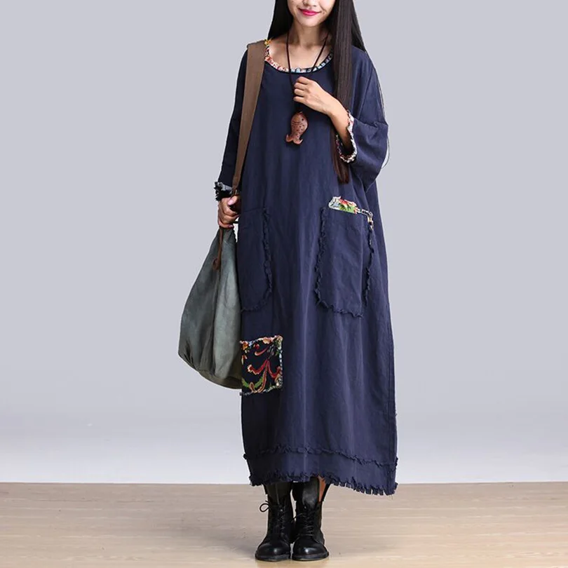 Женское длинное платье из хлопка и льна свободное винтажное оверсайз модель HY314