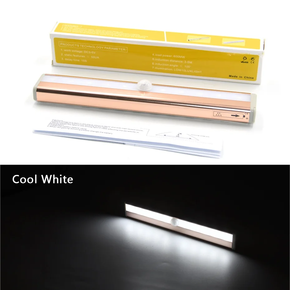 RoseGold(Cool White) Беспроводной PIR датчик движения Ночной светильник Автоматическое включение/выключение энергосберегающий портативный шкаф лампа питание от батареи использование батареи AAA - Испускаемый цвет: RoseGold(Cool White)