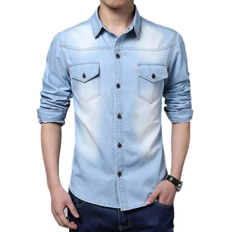 Camisa Masculina Высококачественная джинсовая мужская Повседневная рубашка с длинными