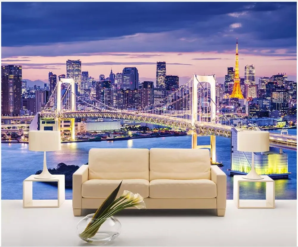 Custom photo mural 3d wallpaper High-speed flyover city architecture purple landscape decor living room for walls | Обустройство дома