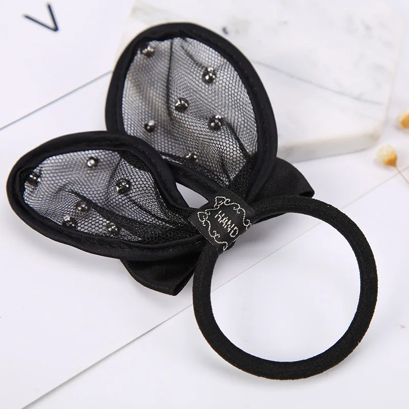 

Black Small Beads Gauze Cloth Ear Ribbon Bow Knot Ponytail Holder Gum Elastic Hair Bands Womne Headwear Hair Accessories