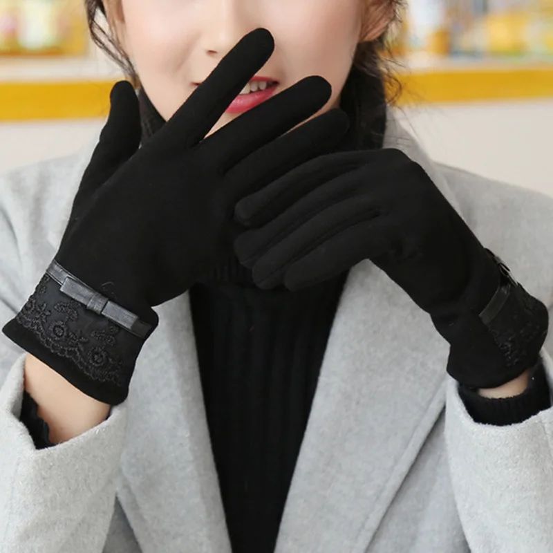

Elegant ladies bow autumn winter not down velvet fashion touch screen thick lace plus velvet warm gloves B73