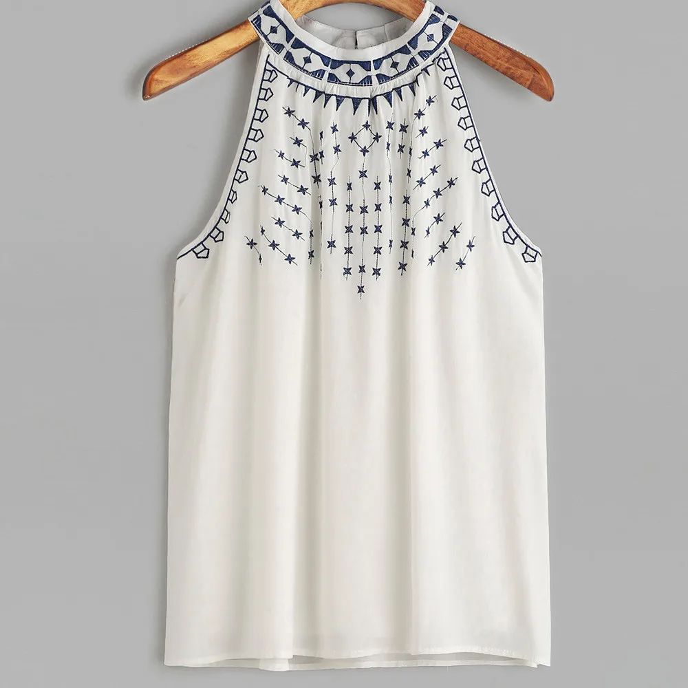 Женский летний топ с вышивкой белая Повседневная Блузка без рукавов футболка