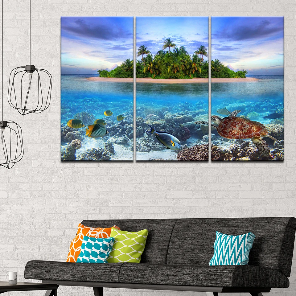Картина на холсте тропический остров с рыбами 3 шт. Настенная картина модульные