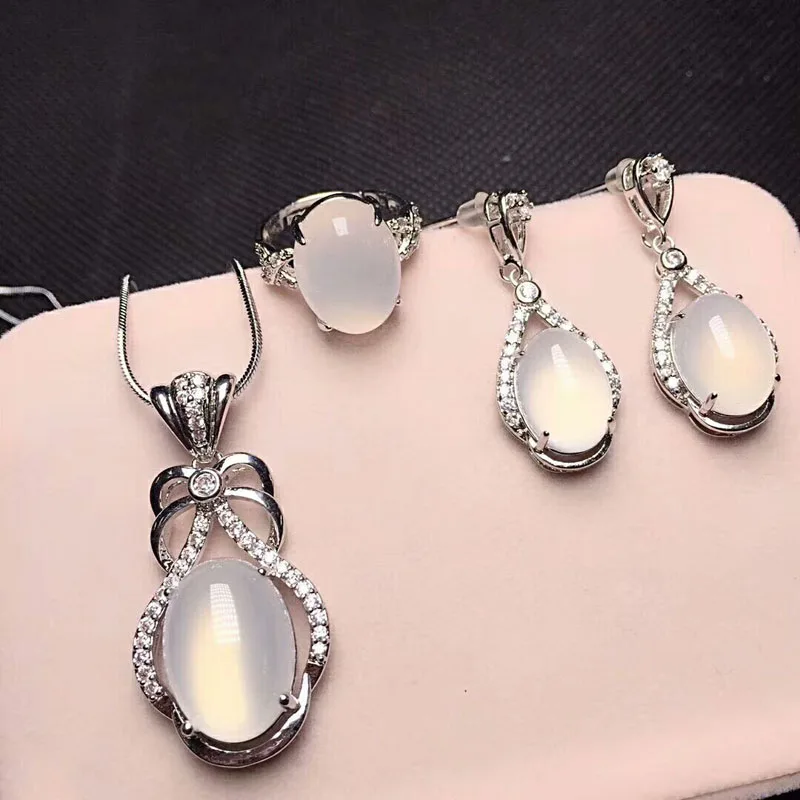 white Yu Xin Yuan Fine Jewelry 925 Серебряный инкрустированный натуральным зеленым халцедоном Овальный Кулон Кольцо Rop серьги три штуки - Цвет камня: white