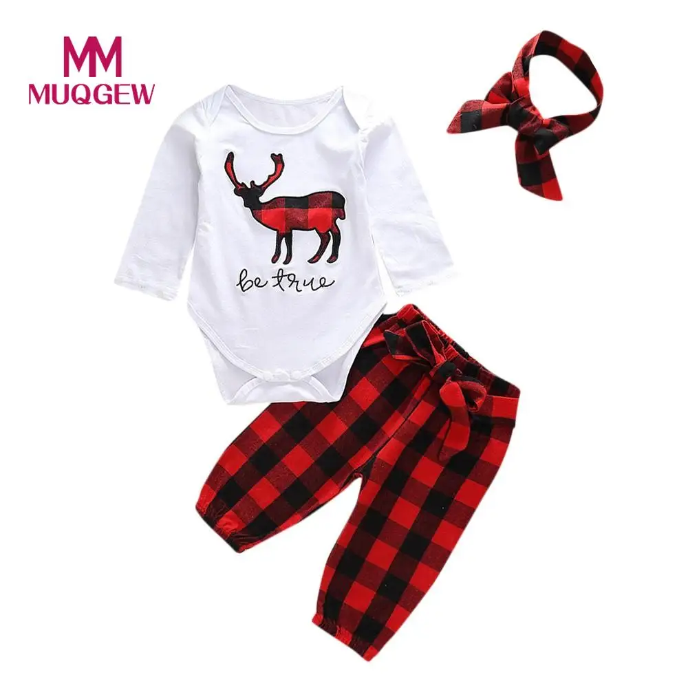 3PCS Christmas Toddler Baby Deer Romper+Plaid Print Pants+Hat+Headbands Unisex Kids Clothing Sets bebes Clothes #WS | Детская одежда и