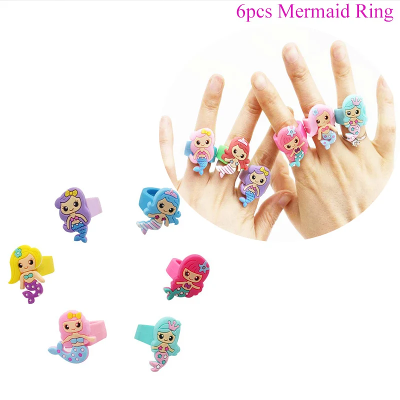 6pcs Mermaid Rings Резиновый подарок в виде динозавра на день рождения, вечерние сувениры в виде животных, призы на день рождения, юбилей, вечерние сувениры для детей на день рождения - Цвет: 6pcs Mermaid Rings