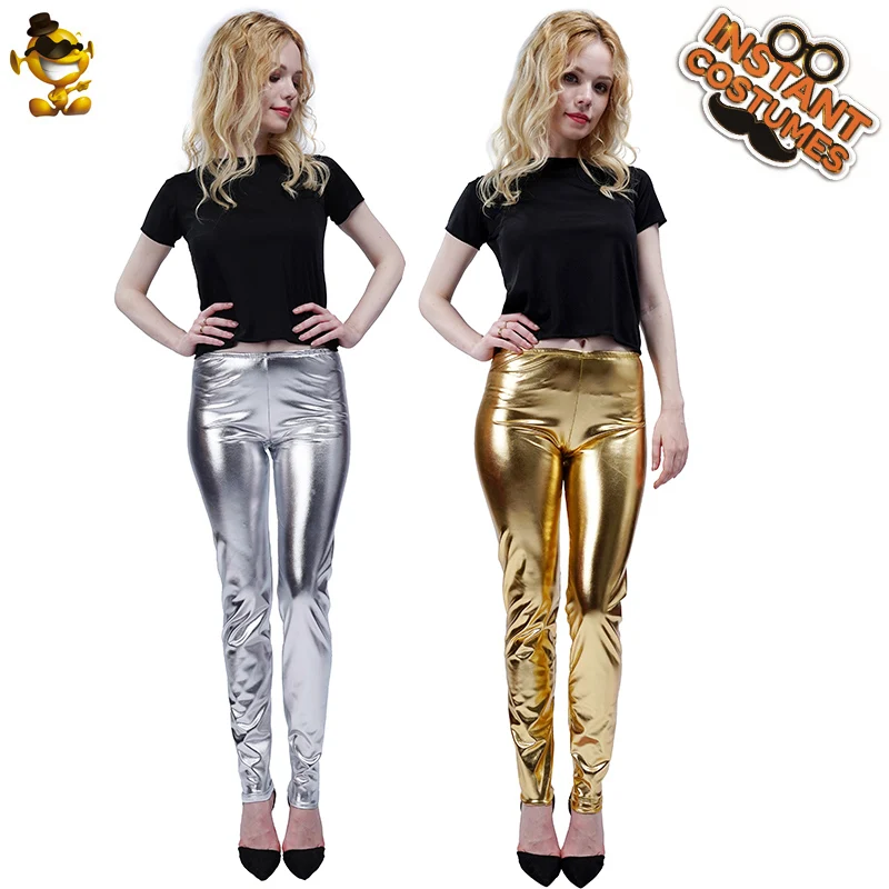 

Women Sexy Shiny Metallic Leggings Pants Role Play Party Cosplay Gold&Sliver Pants Costume
