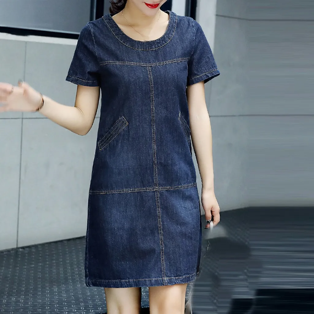 JAYCOSIN 2019 Summer ladies Plus Size denim dress for women O Neck Pockets elegant 4xl 5xl Large party Dress dropshipping | Женская