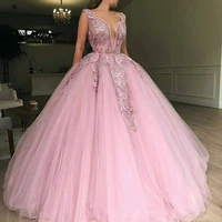 pink prom dresses 2019 ball gown deep v neck cap sleeve pearls beaded floor length tulle evening dresses