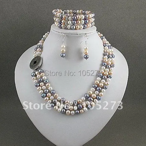 

Charming!jewelry set 3rows AA 6-7MM mixes color Genuine freshwater pearl necklace bracelet earring Hot sale free shipping A2392
