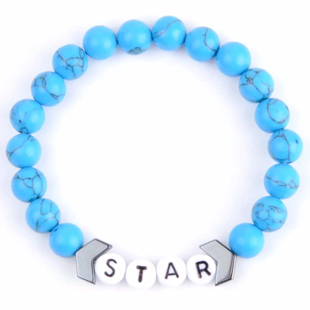 Классический браслет с буквенными бусинами и звездами Синий Бирюзовый Камень