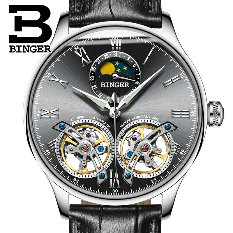 Швейцарские мужские часы роскошные брендовые водонепроницаемые BINGER Sapphire Toubillon