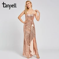 tanpell presale sequins evening dress champagne v neck sleeveless floor length sheath gown lady party formal long evening dress