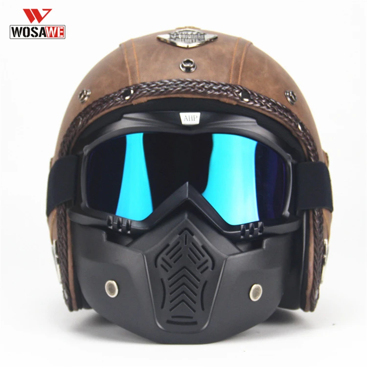 Мотоциклетный шлем из искусственной кожи винтажные шлемы 3/4 с заклепками маска
