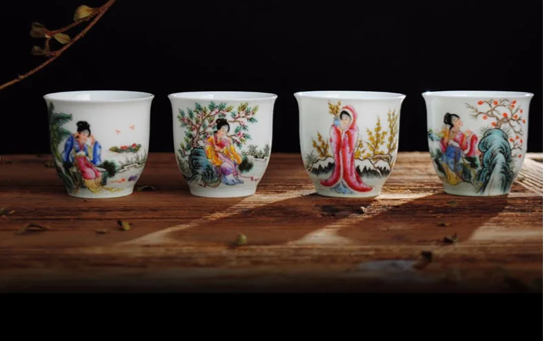 4 шт./лот, 60 мл, бутики, Jingdezhen famile, розовая фарфоровая чайная чашка, 4 Древние китайские красивые керамические чашки, чайный набор, чайная чаша