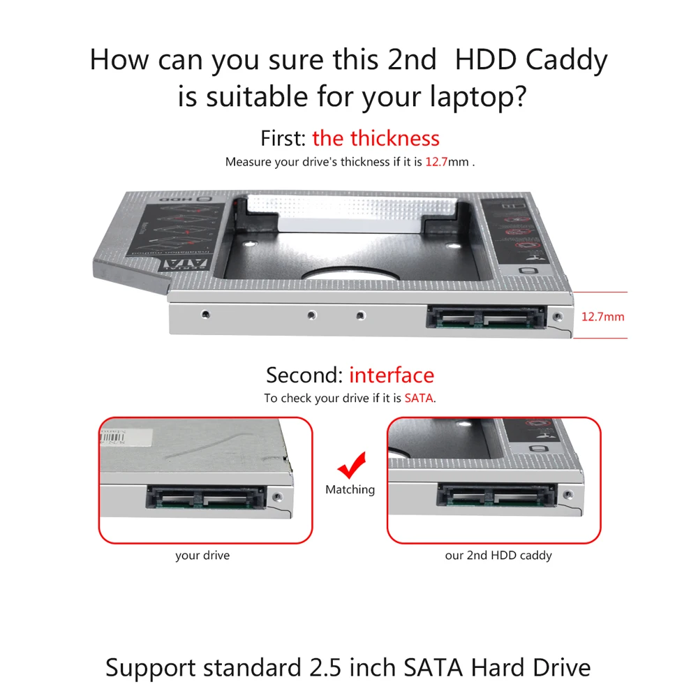 Sunvalley алюминиевый сплав 12,7 мм 2nd HDD Caddy SATA To SATA 3,0 для ноутбука DVD/CD-ROM Оптический отсек 2," HDD SSD чехол 10 шт