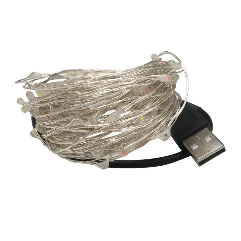 Светодиодная гирлянда 2 м 10 100 светодиодов на батарейках USB 33 фута серебристая