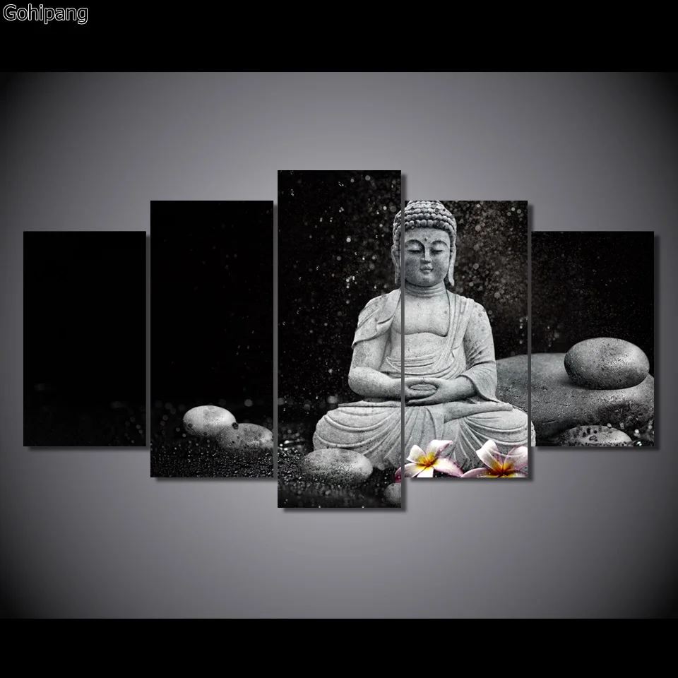 

HD printed 5 piece canvas art Buddha meditation rain pebble painting east wall art canvas painting