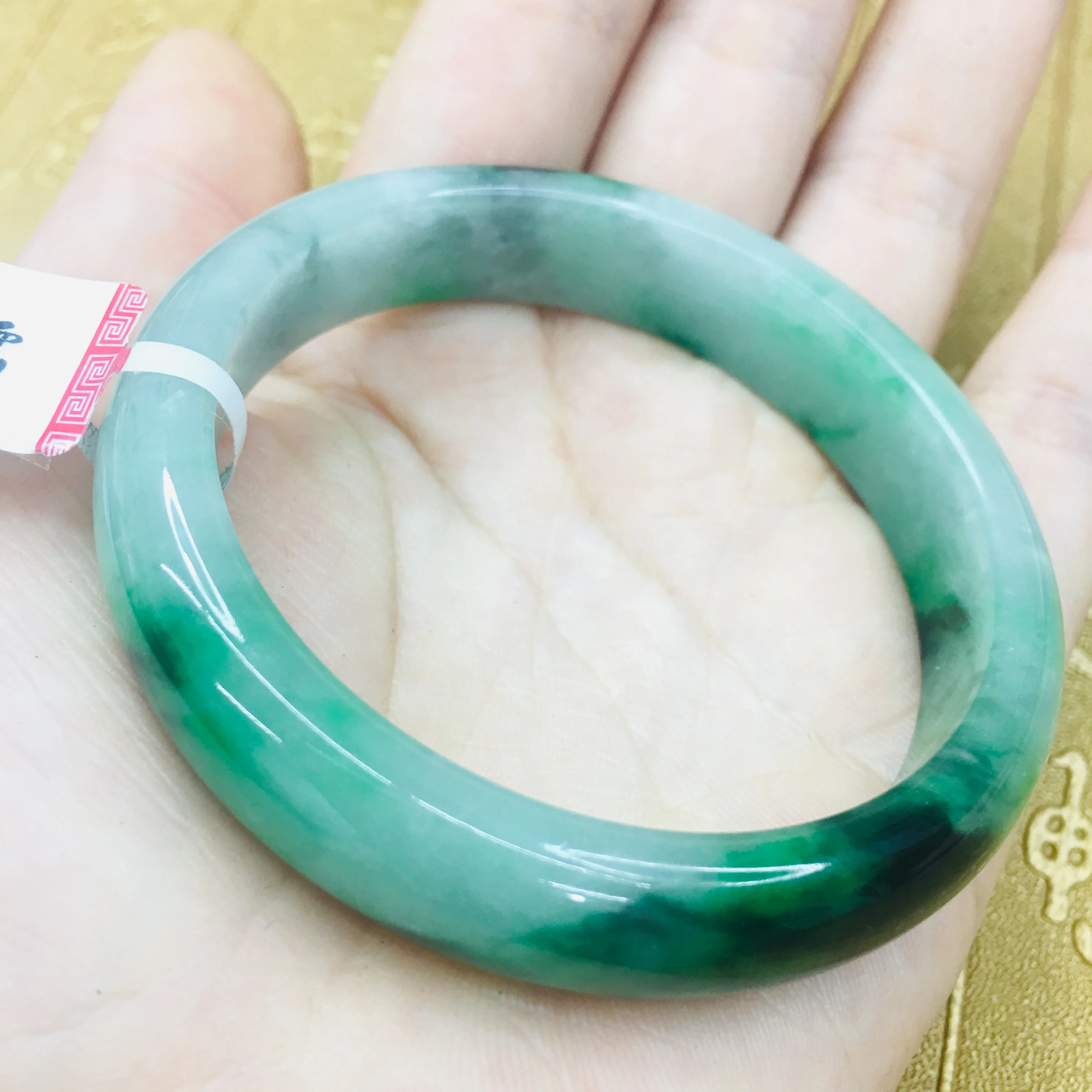 

Send Certificate Natural Jadeite Bracelet Carved Green + Blue Flower 52-61mm Women's Jade Bracelet Jewelry Gift