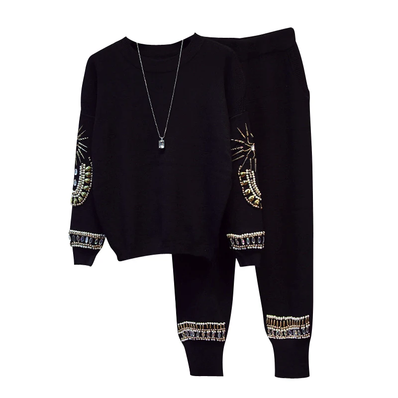New Runway Beading Knitting Sweater Pant Two Pieces Set High Quality Winter Designer Black Suit |