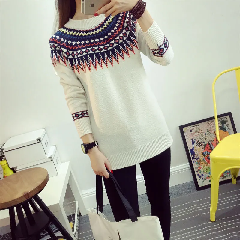 Осенние и зимние этнические колледж Ветер Печать Свитера узор Круглый вырез