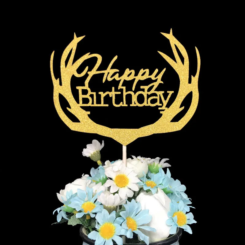 Cake Topper Glitter Happy Birthday Flags Sticker Decor Banner Card Baking DIY Accessory Elk Antler Christmas Party | Дом и сад