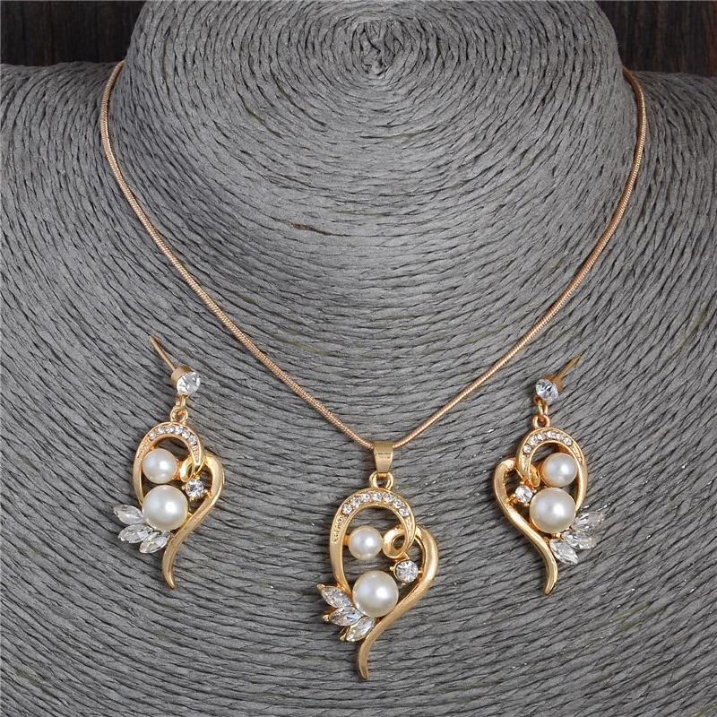 Fashion Simulated Pearl Jewelry Sets for Wedding Cute Flower Stud Earrings Crystal Wings Pendant Necklace Gold Color Chain | Украшения и