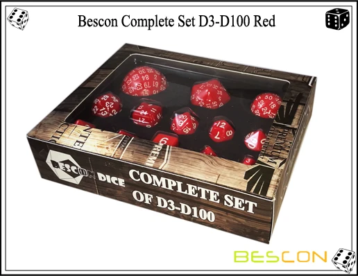 Bescon полный многогранный набор игральных костей 13 шт. D3-D100, 100 сторон набор игральных костей Непрозрачный красный