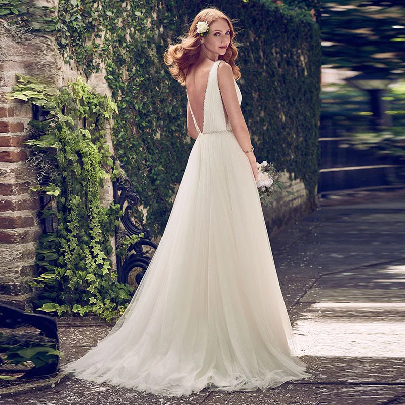 Sexy V-neck Crystal Beading Vestidos De Novia Backless Pleated Tulle A-line Long Beach Wedding Dresses 2020 Marriage Bridal Gown | Свадьбы и