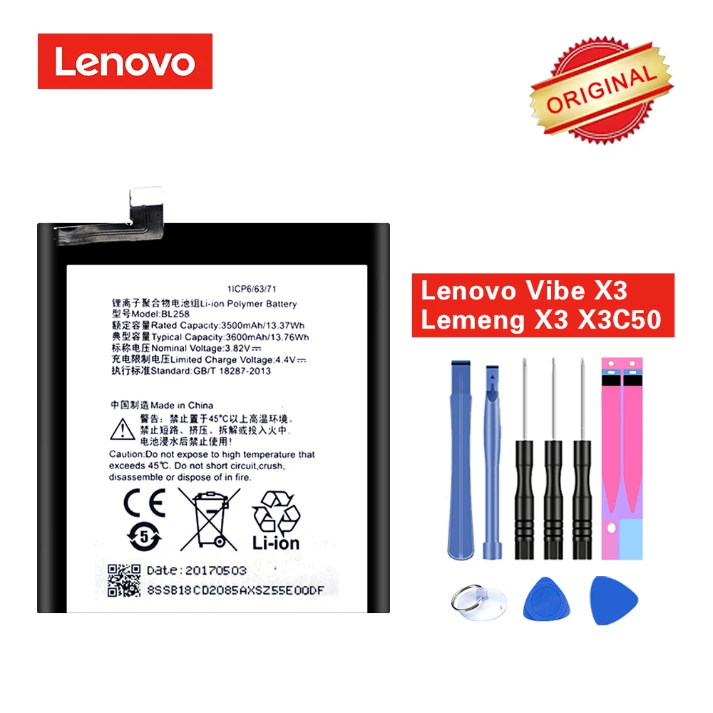

Original Battery BL258 for Lenovo Vibe X3 Lemeng X3 X3C50 X3C70 X3a40 3500/3600mAh+8pcs Repair Tools