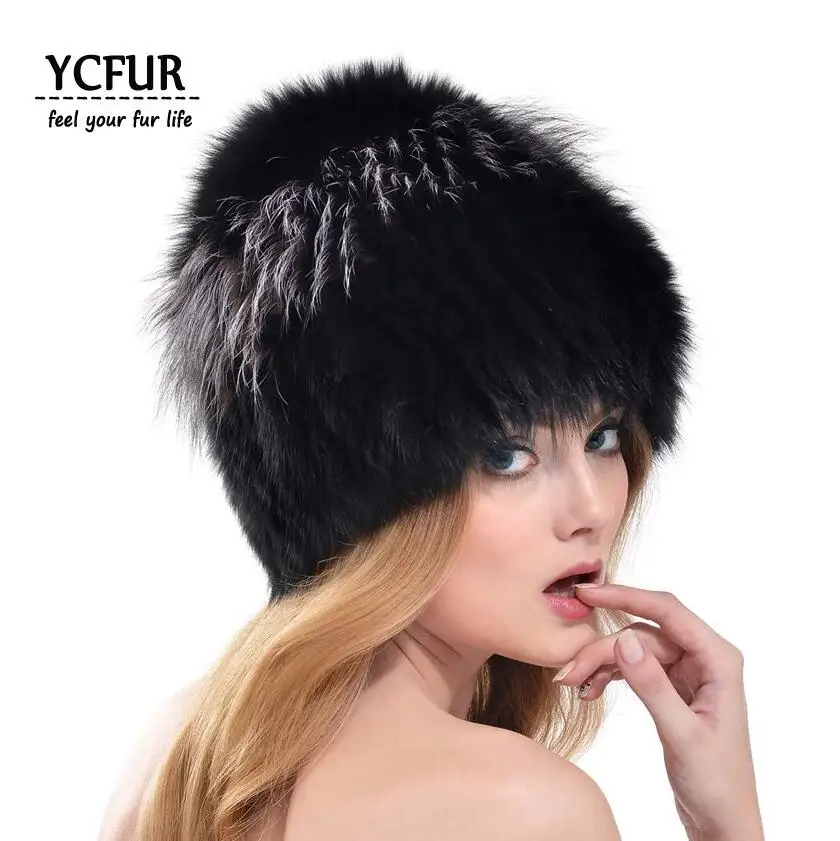 Женские шапки YCFUR, шапка s, зимняя вязаная шапка ручной работы, меховые шапочки из лисы, женские шапки, мягкая теплая зимняя шапка из настоящего меха, женская шапка - Цвет: black with white