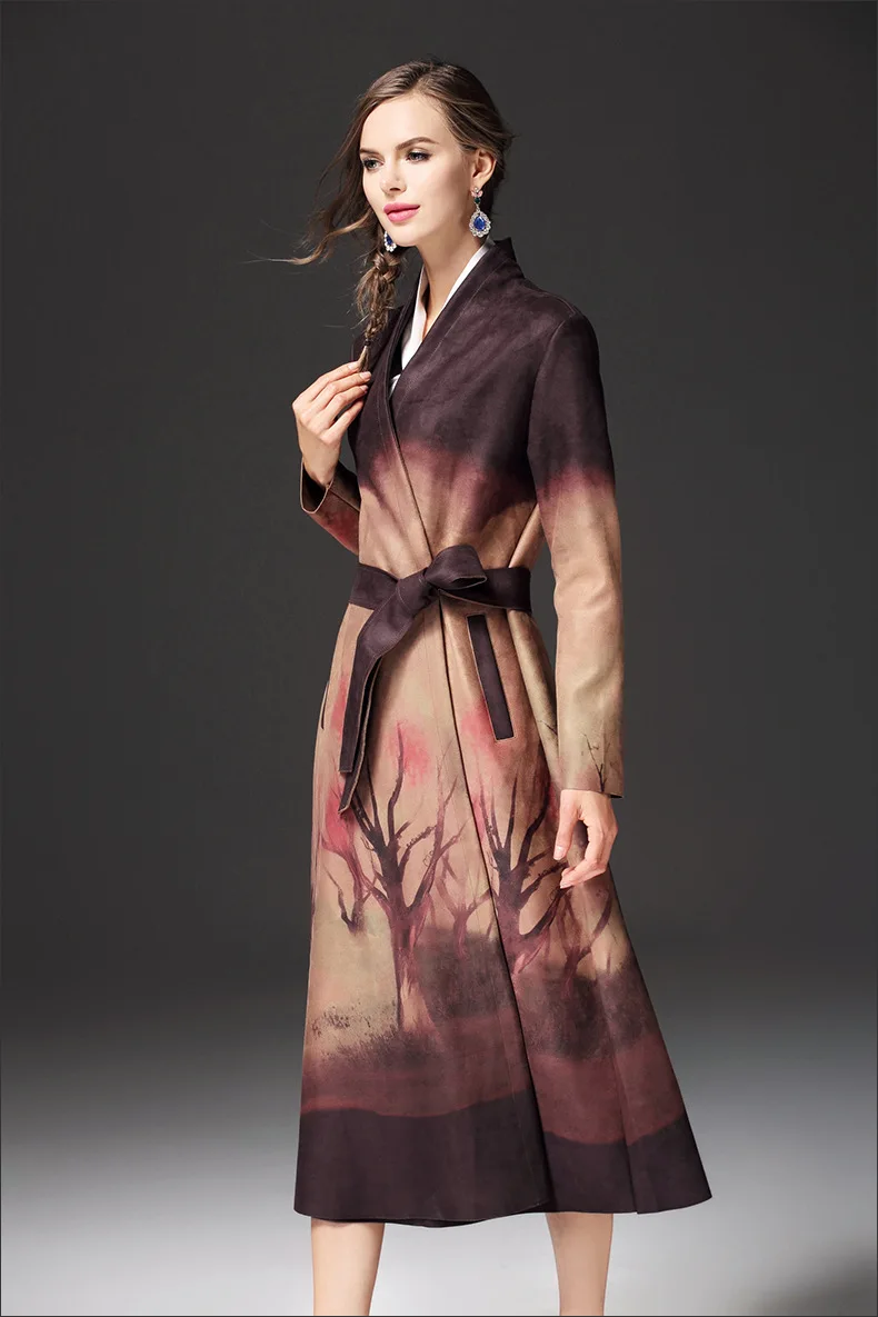 2017 Женский Длинный замшевый плащ с поясом осенняя ветровка тонкое длинное пальто