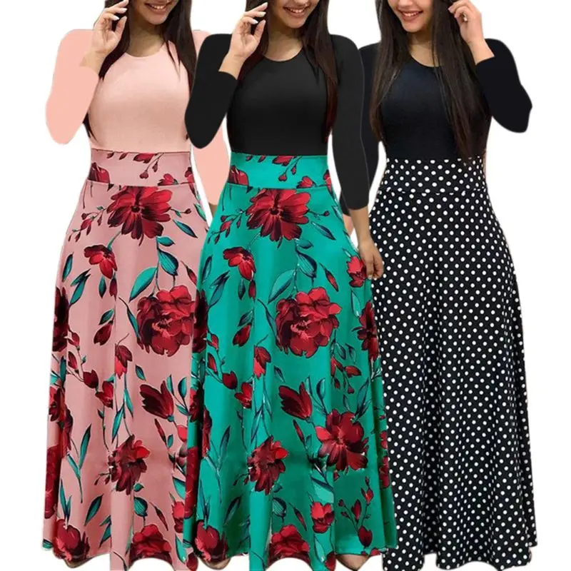 Bohemian Long Sleeve Maxi Flowy Dress Color Block Polka Dot Floral Patchwork Bodycon Empire Waist Vintage Skirt S-2XL | Женская одежда