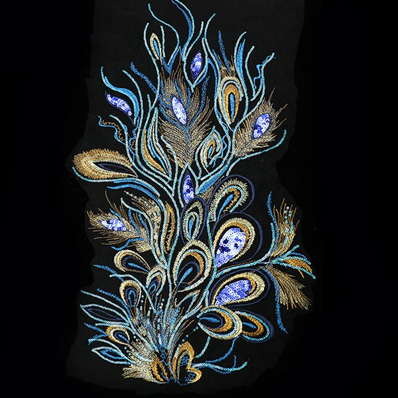 Большой вышитый Павлин Синий Золотой Блестки отделка цветочный аппликация