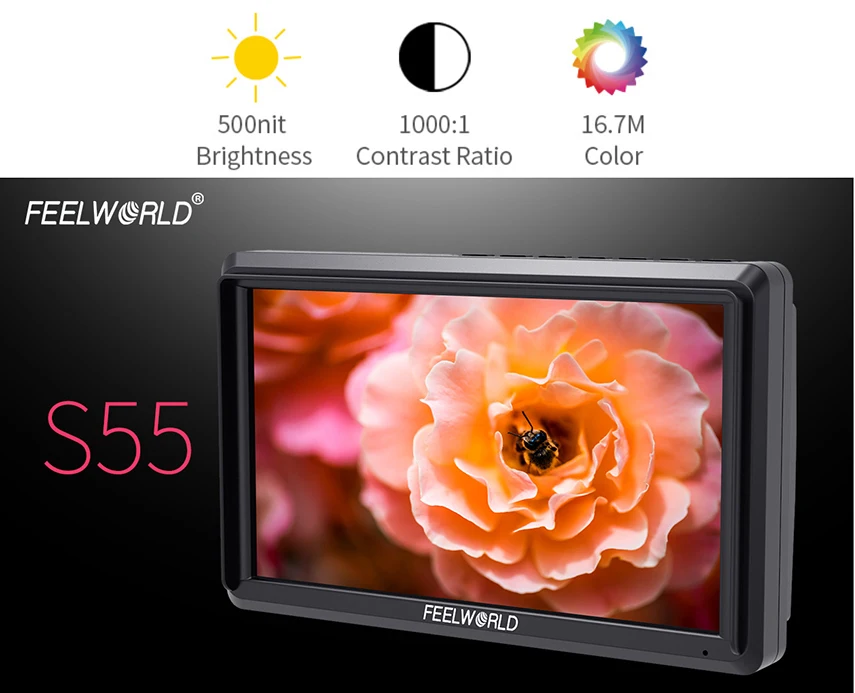 FEELWORLD S55 5,5 дюймов для однообъективной цифровой зеркальной фотокамеры монитор камеры 4K HDMI lcd ips HD 1280x720 дисплей монитор поля 8,4 в DC Выход для Nikon Sony Canon
