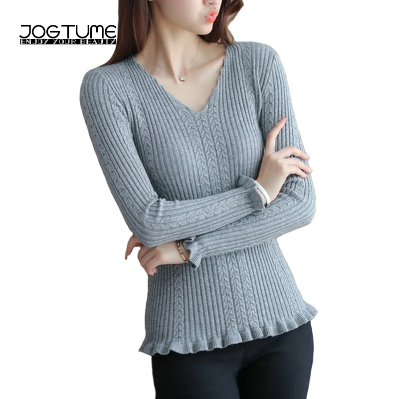 

Knitted Tops Women Blouse 2017 Autumn Winter Fashion Sweaters and Pullovers V Neck Ruffles Ladies Slim Shirt Knitwears Grey Pink