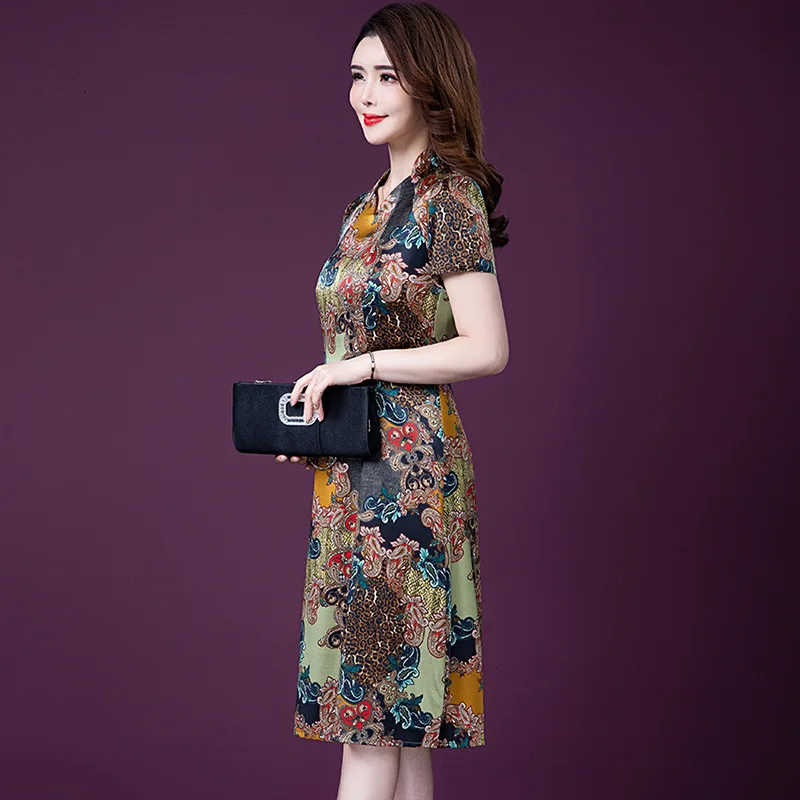 5XL Plus Size Dresses Women Imitate Real Silk Dress Fashion Mother Summer Print Party Vestidos Elegant High Quality W985 | Женская